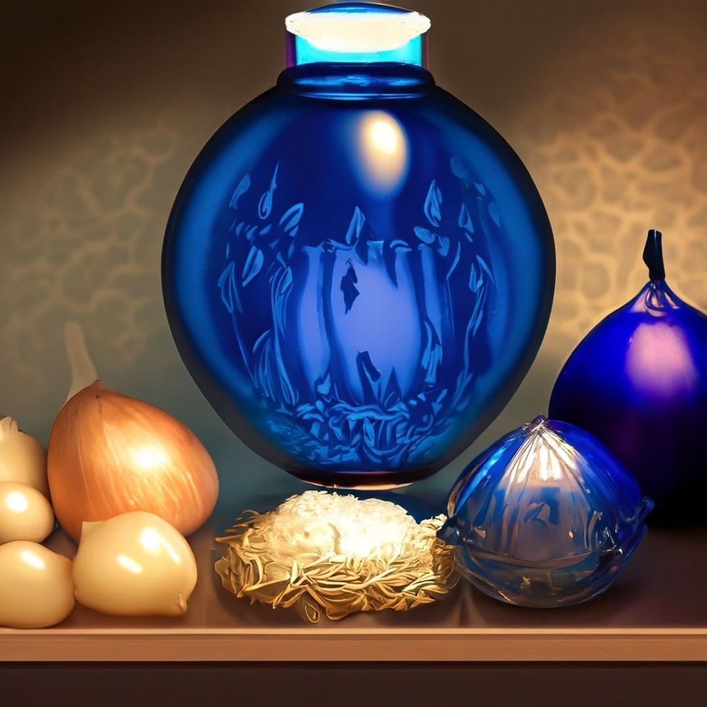 Blue vase & onions